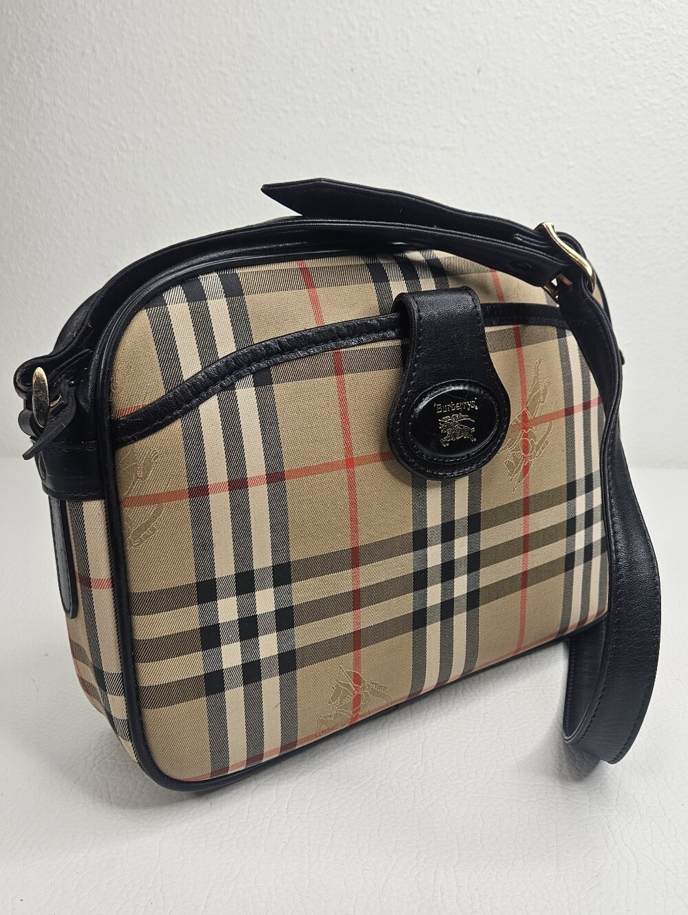 Authentic Vintage Burberry Nova Check Shoulder Bag | Black Leather Trim |  Purse